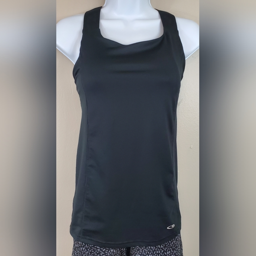 C9 by Champion Women's Black Cross Back Workout Tank With Padded Shelf B…